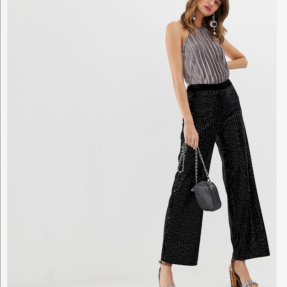 Black sequin wide leg crop PARTY pants L sparkle